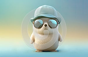 Image of a funny baby seal wearing sunglasses on colored background. Marine animal concept. Generative AI