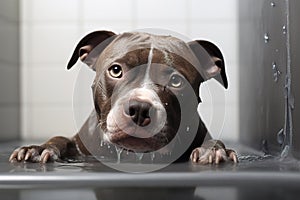 Image of funny picture of a pitbul dog taking a bath with soap bubbles. Pet. Animal. Illustration, Generative AI