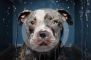 Image of funny picture of a pitbul dog taking a bath with soap bubbles. Pet. Animal. Illustration, Generative AI