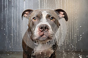 Image of funny picture of a pitbul dog taking a bath with soap bubbles. Pet. Animal. Illustration, Generative AI