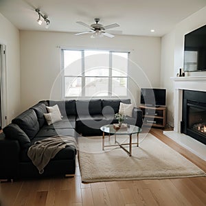 Furnished living Room in Luxury Home with Roaring Fireplace TV Coffee Table Rug and Wrap-Around Couch