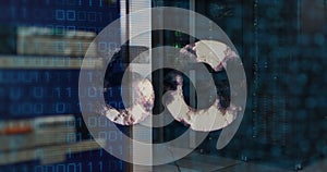Image of 5g text, binary coding and data processing over computer servers