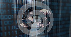 Image of 5g text, binary coding and data processing over computer servers