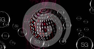 Image of 5g text, binary coding and digital data processing over globe
