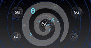 Image of 6g text, binary coding digital data processing over globe