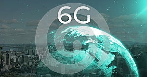 Image of 6g text, cityscape, globe and connections