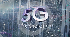 Image of 5g text and communication network over computer server room