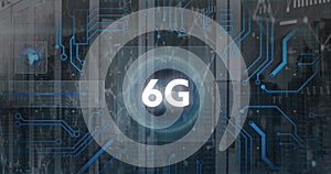 Image of 6g text and data processing on motherboard over computer servers