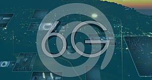 Image of 6g text, data processing and scopes scanning on screens over fast road traffic