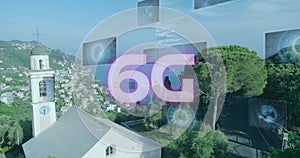 Image of 6g text, data processing and scopes scanning on screens over landscape