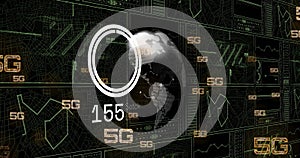 Image of 5g text, digital data processing and globe over black background