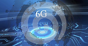 Image of 6g text, globe and digital data processing over computer circuit board