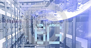 Image of 6g text, globe and maths calculations over computer server room