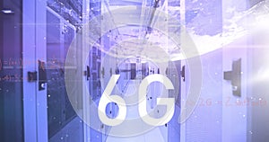 Image of 6g text, globe and maths calculations over computer server room