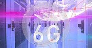 Image of 6g text, globe and maths calculations over computer server room