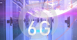 Image of 6g text, globe and maths calculations over computer server room