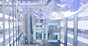 Image of 6g text, globe and maths calculations over computer server room