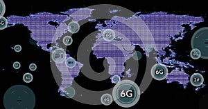 Image of 6g and 5g text and interference over world map on black background photo