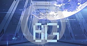 Image of 6g text and maths calculations over computer server room