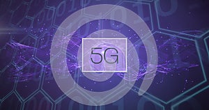 Image of 5g text over binary coding and purple hexagons