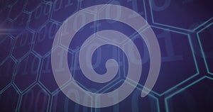 Image of 5g text over binary coding and purple hexagons