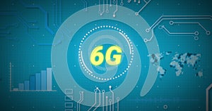 Image of 6g text, scope scanning and data processing over world map