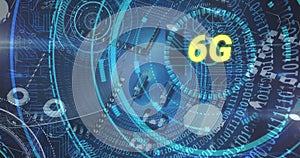 Image of 6g text, scope scanning over binary coding, circuit board of computer server