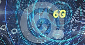Image of 6g text, scope scanning over binary coding, circuit board of computer server