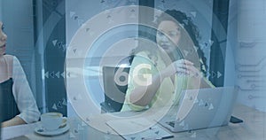 Image of 6g text and scope scanning over diverse people at meeting photo