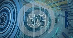 Image of 5g text, scopes scanning and data processing over servers