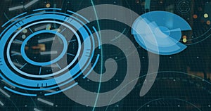 Image of 5g text, scopes scanning and data processing over servers