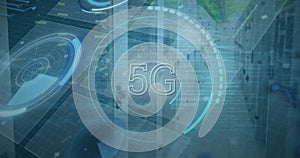 Image of 5g text, scopes scanning and data processing over servers