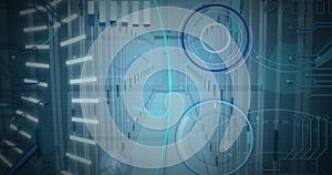 Image of 5g text, scopes scanning and data processing over servers