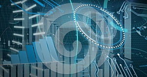 Image of 5g text, scopes scanning and data processing over servers