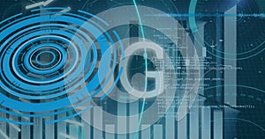 Image of 5g text, scopes scanning and data processing over servers