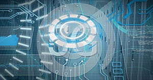 Image of 5g text, scopes scanning and data processing over servers