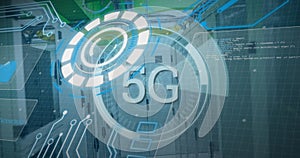 Image of 5g text, scopes scanning and data processing over servers