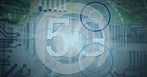 Image of 5g text, scopes scanning and data processing over servers