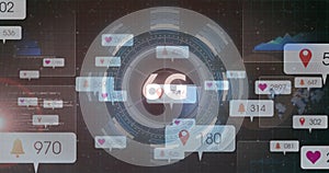 Image of 6g text, social media icons on banners over scope scanning and data processing