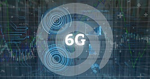 Image of 6g text, statistics and data processing over computer servers background