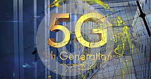 Image of 5g text, yellow globe and maths calculations over computer server room