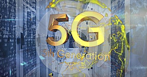 Image of 5g text and yellow globe and maths calculations over computer server room