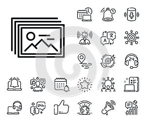 Image gallery line icon. Photo thumbnail sign. Place location, technology and smart speaker. Vector