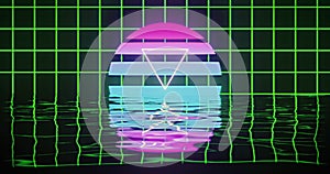 Image of game over text over a grid and digital sunset