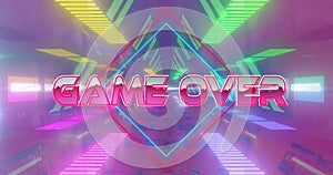 Image of game over text over neon pattern background