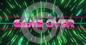 Image of game over text over light trails on black background