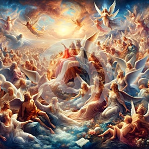 image of the gathering of angels at different places in amanda clark style.