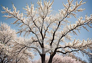 Large Twisted Tree Covered in Snow During Winter