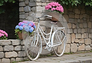 Quaint Old-Fashioned White Bicycle with Hydrangea Flowers in Front of Stone Wall
