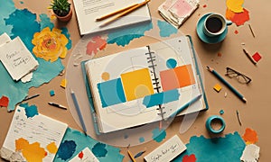 table with notebook, pen, and cup coffee